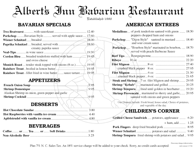 Alberts Bavarian Restaurant 2006 menu